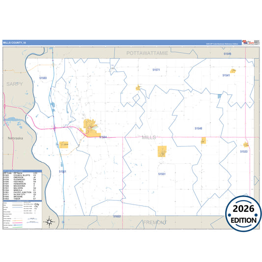 Mills County, IA Business Reference 5 Digit ZIP Code Wall Map