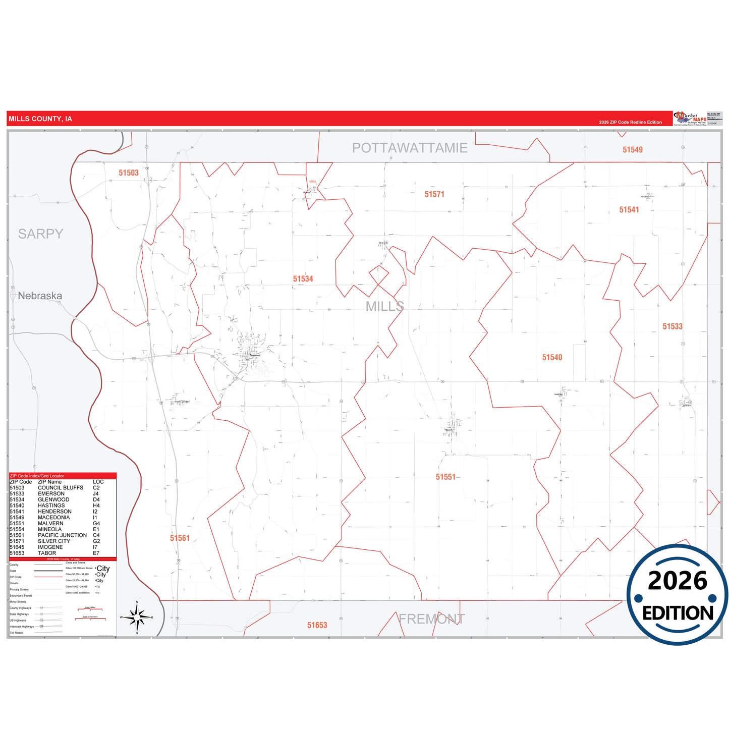 Mills County, IA Red Line 5 Digit ZIP Code Wall Map