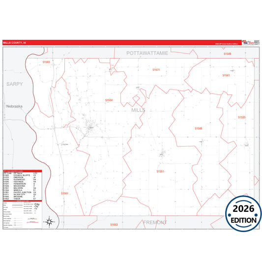 Mills County, IA Red Line 5 Digit ZIP Code Wall Map