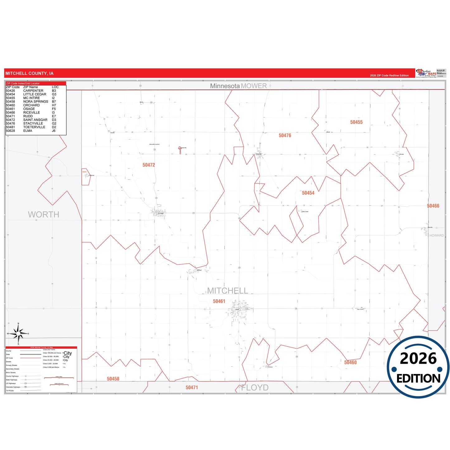 Mitchell County, IA Red Line 5 Digit ZIP Code Wall Map