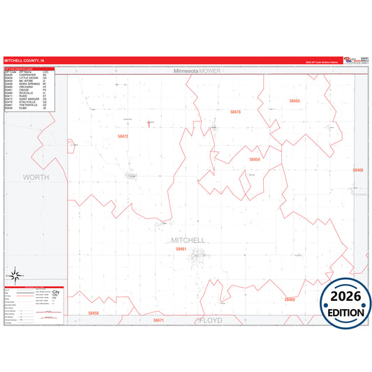 Mitchell County, IA Red Line 5 Digit ZIP Code Wall Map
