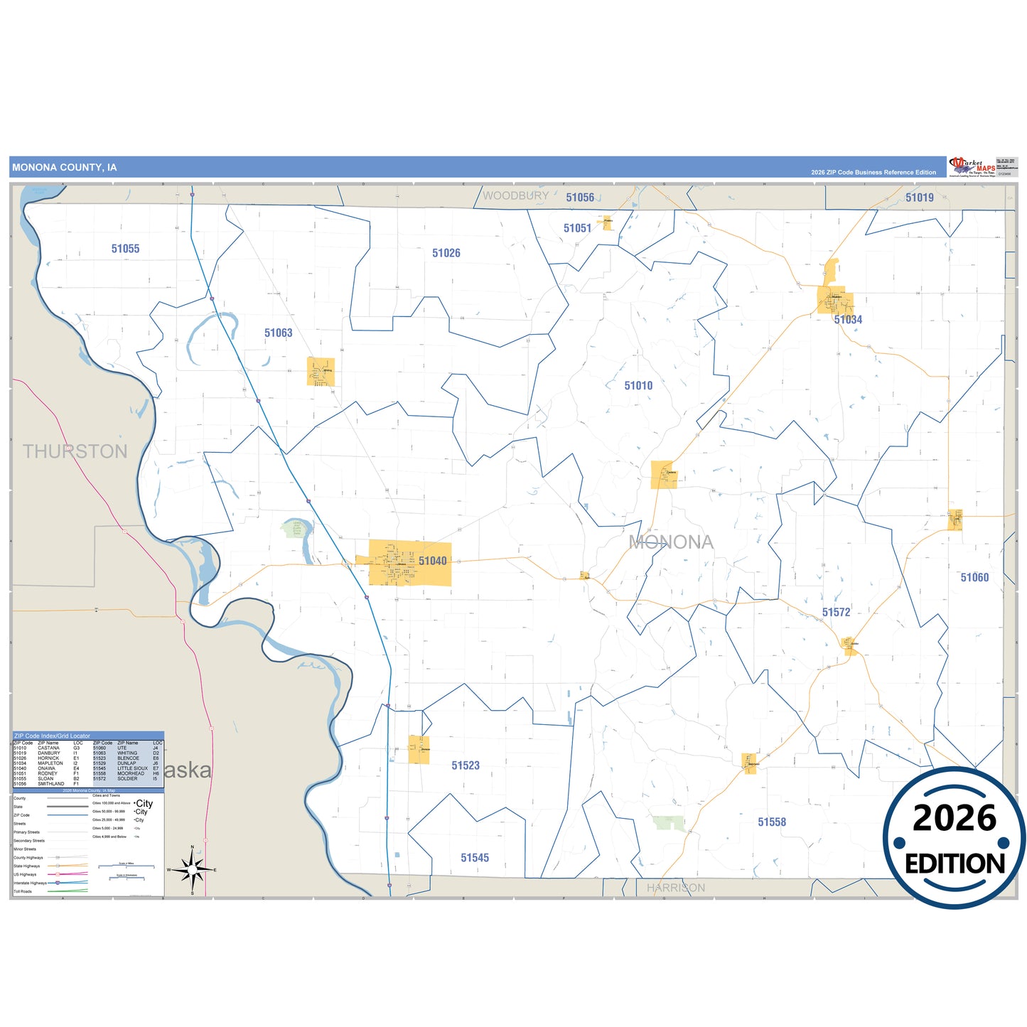 Monona County, IA Business Reference 5 Digit ZIP Code Wall Map