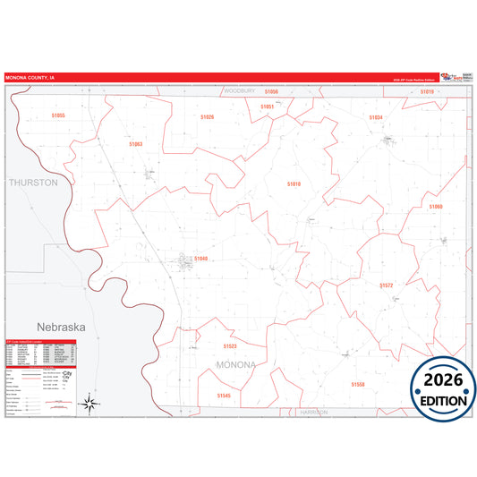 Monona County, IA Red Line 5 Digit ZIP Code Wall Map