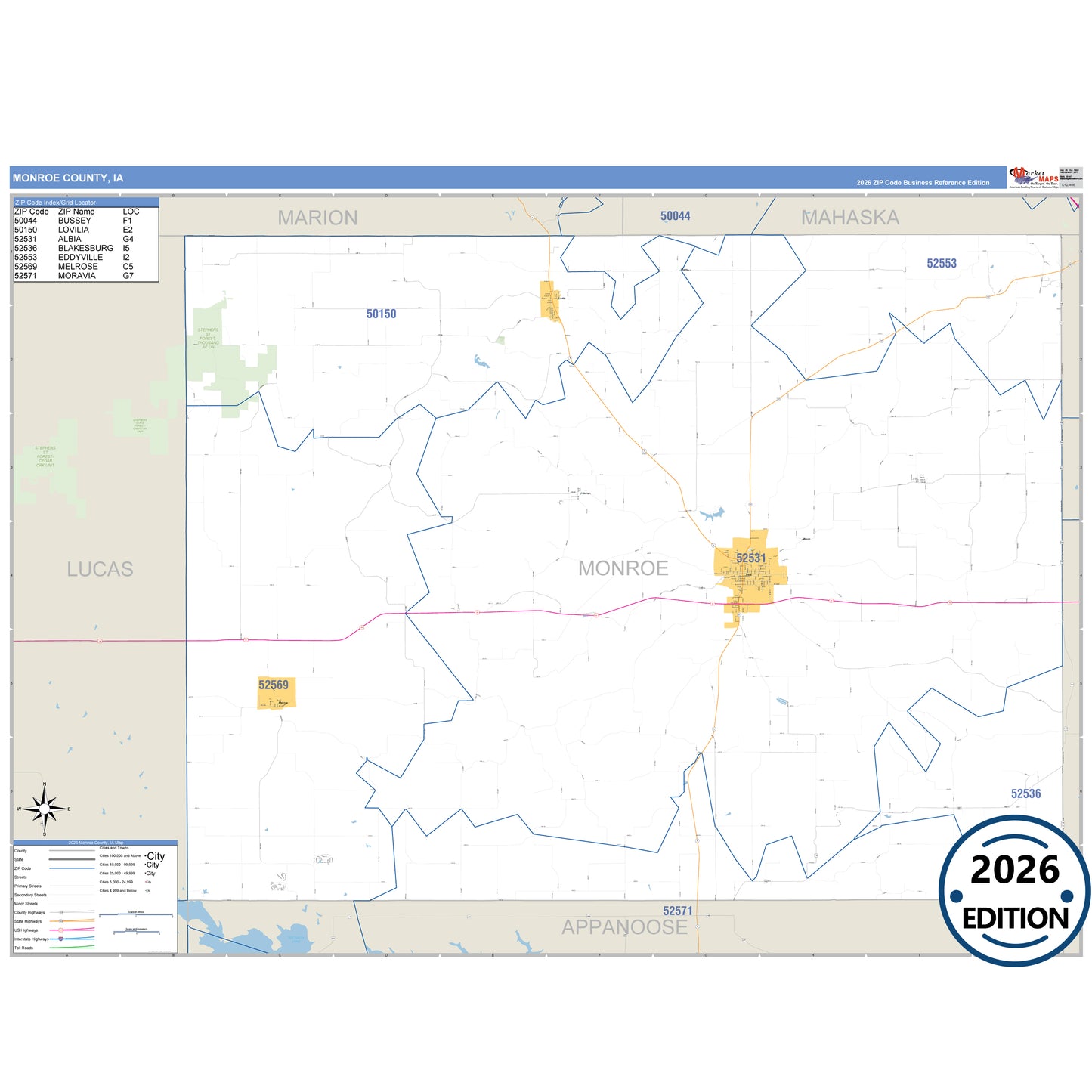 Monroe County, IA Business Reference 5 Digit ZIP Code Wall Map