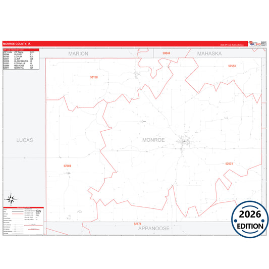 Monroe County, IA Red Line 5 Digit ZIP Code Wall Map