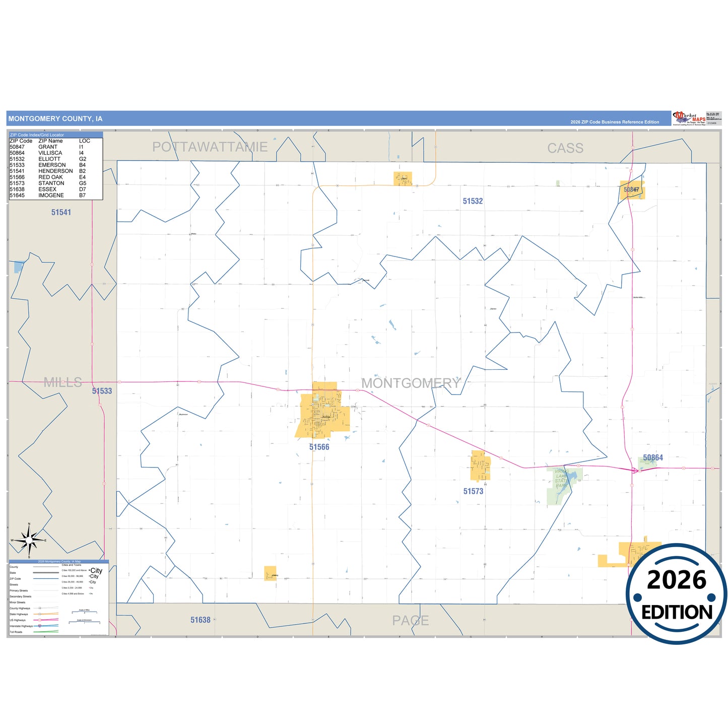 Montgomery County, IA Business Reference 5 Digit ZIP Code Wall Map