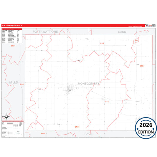Montgomery County, IA Red Line 5 Digit ZIP Code Wall Map
