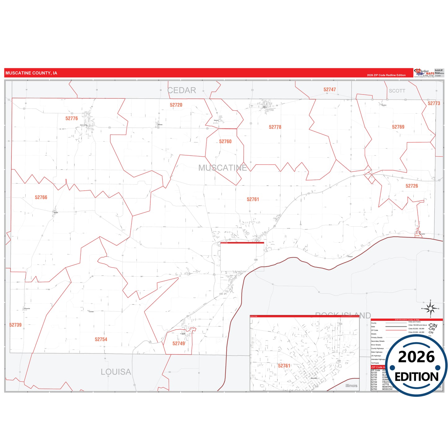 Muscatine County, IA Red Line 5 Digit ZIP Code Wall Map