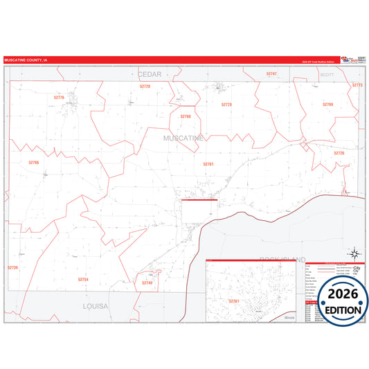 Muscatine County, IA Red Line 5 Digit ZIP Code Wall Map