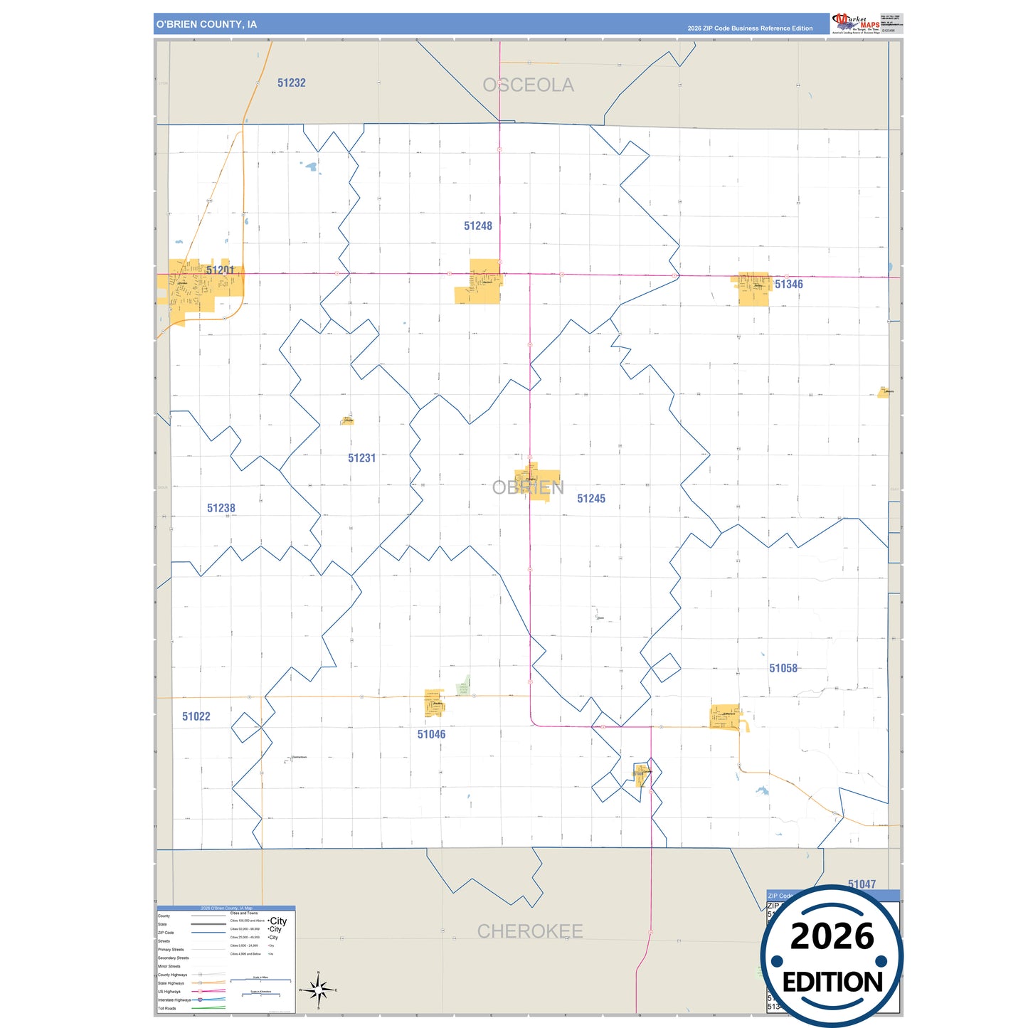 O'Brien County, IA Business Reference 5 Digit ZIP Code Wall Map