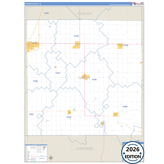 O'Brien County, IA Business Reference 5 Digit ZIP Code Wall Map