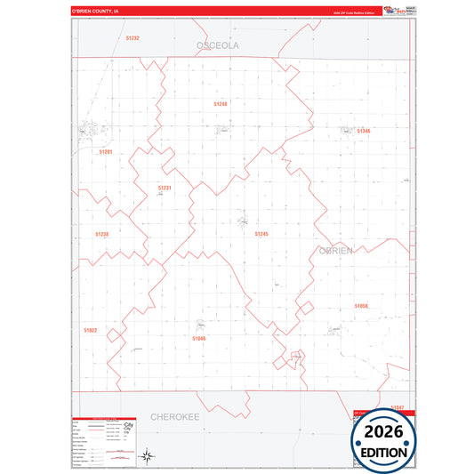 O'Brien County, IA Red Line 5 Digit ZIP Code Wall Map