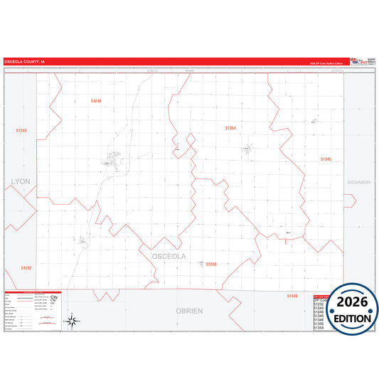 Osceola County, IA Red Line 5 Digit ZIP Code Wall Map