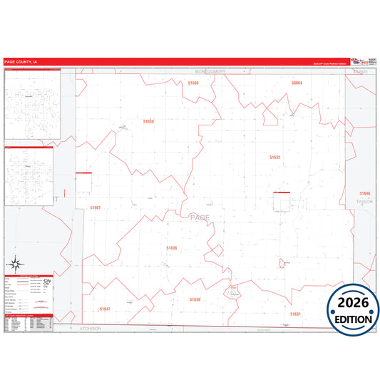 Page County, IA Red Line 5 Digit ZIP Code Wall Map