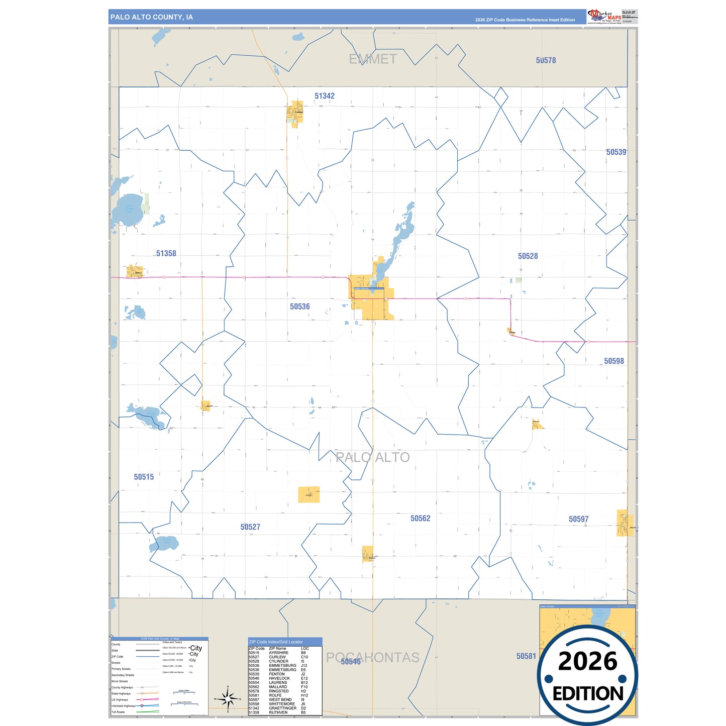Palo Alto County, IA Business Reference 5 Digit ZIP Code Wall Map