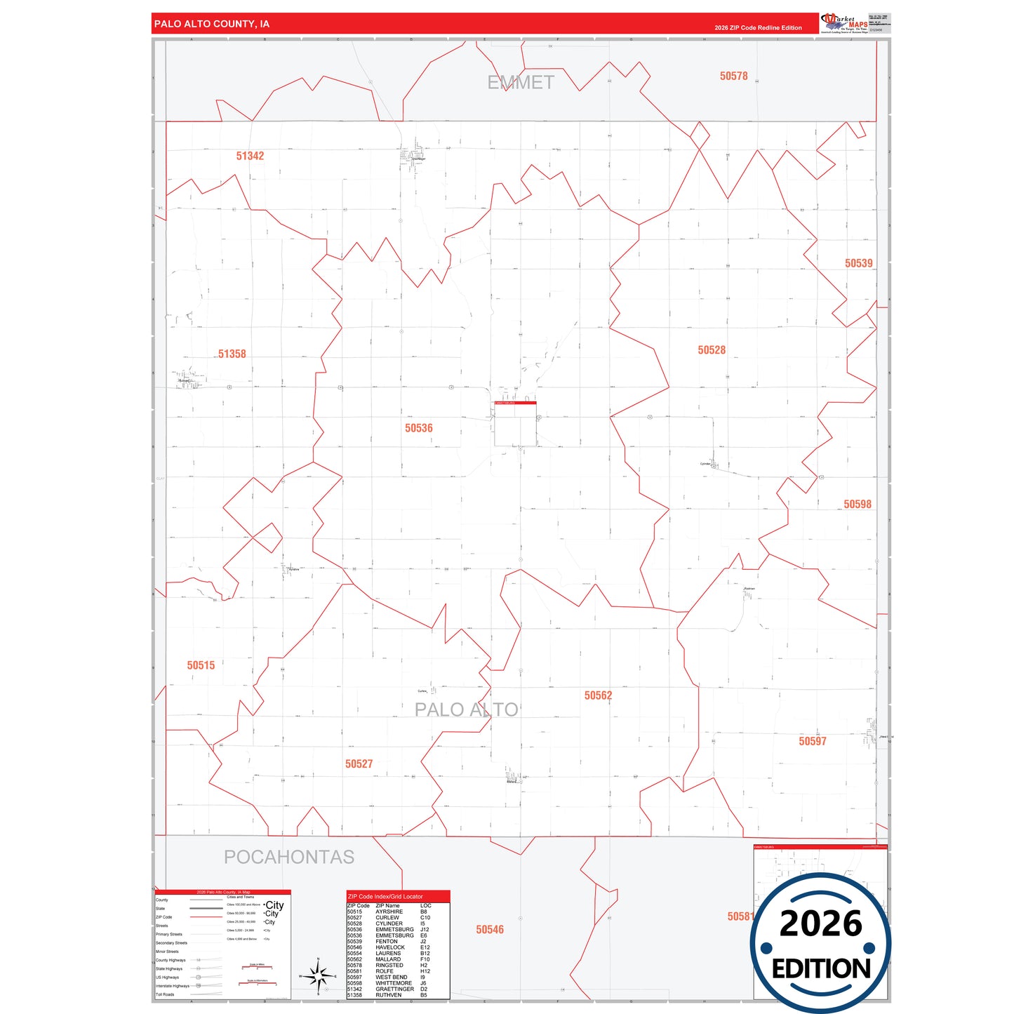 Palo Alto County, IA Red Line 5 Digit ZIP Code Wall Map