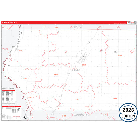 Plymouth County, IA Red Line 5 Digit ZIP Code Wall Map