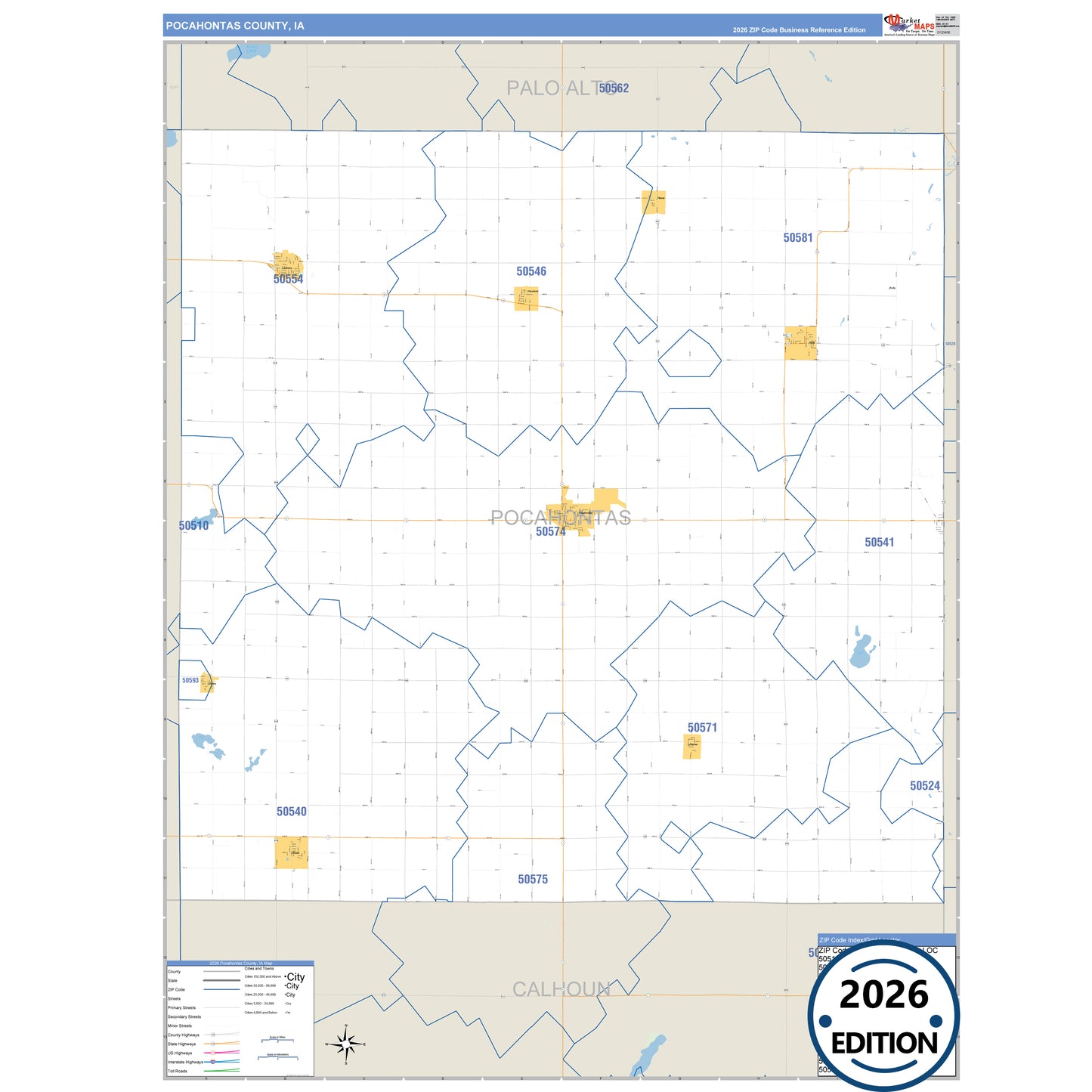 Pocahontas County, IA Business Reference 5 Digit ZIP Code Wall Map