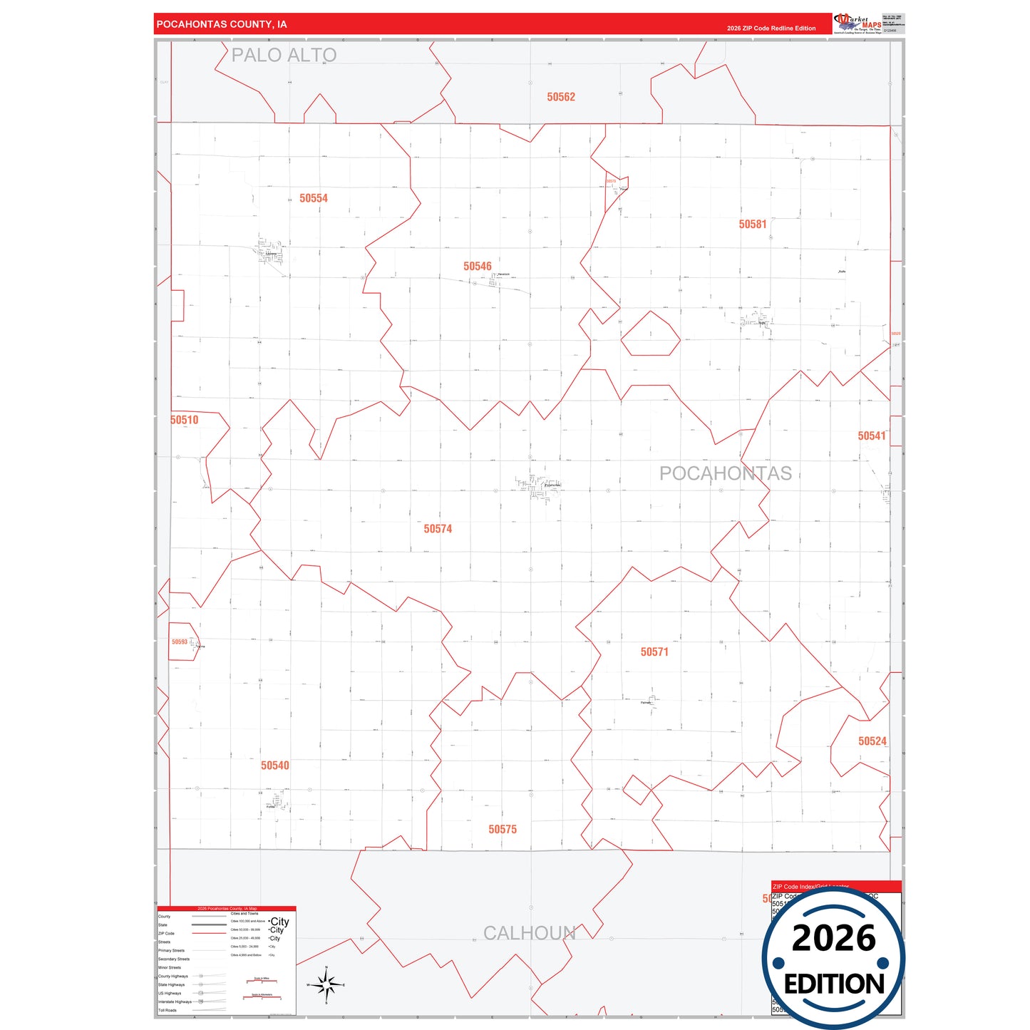 Pocahontas County, IA Red Line 5 Digit ZIP Code Wall Map
