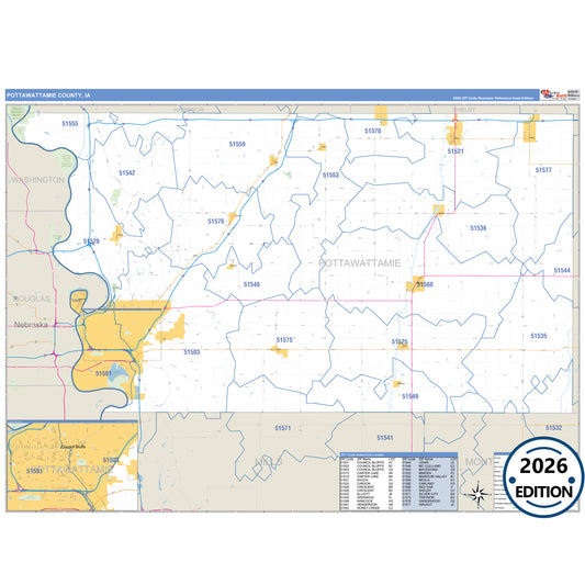 Pottawattamie County, IA Business Reference 5 Digit ZIP Code Wall Map