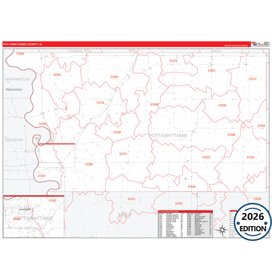 Pottawattamie County, IA Red Line 5 Digit ZIP Code Wall Map