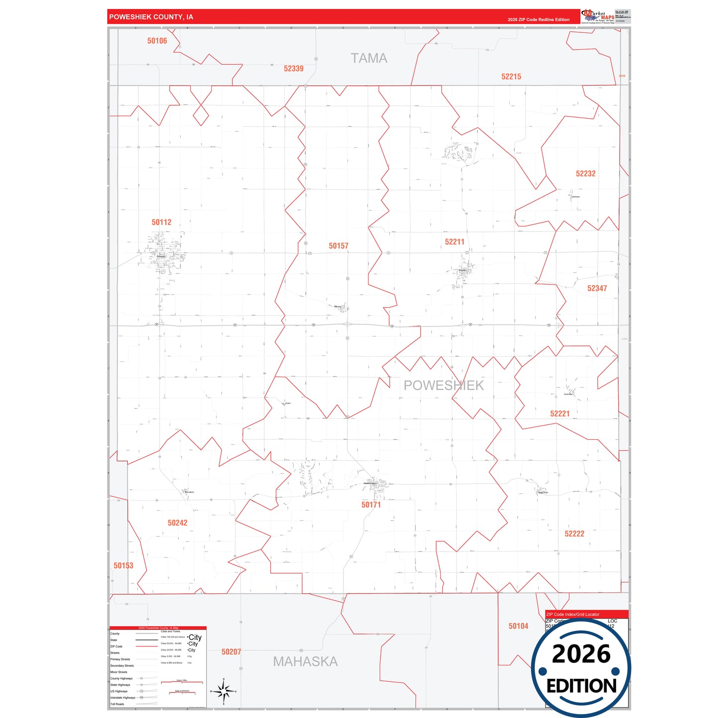 Poweshiek County, IA Red Line 5 Digit ZIP Code Wall Map