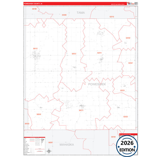 Poweshiek County, IA Red Line 5 Digit ZIP Code Wall Map
