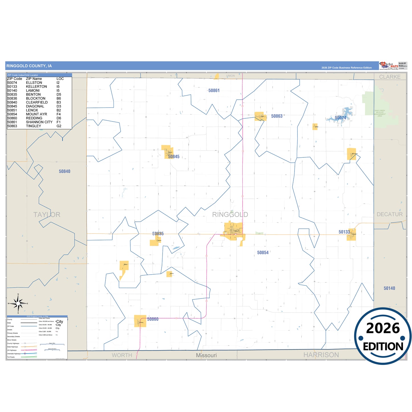 Ringgold County, IA Business Reference 5 Digit ZIP Code Wall Map