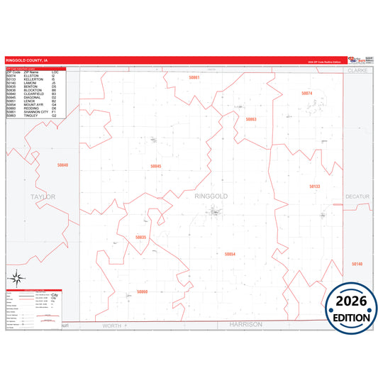 Ringgold County, IA Red Line 5 Digit ZIP Code Wall Map