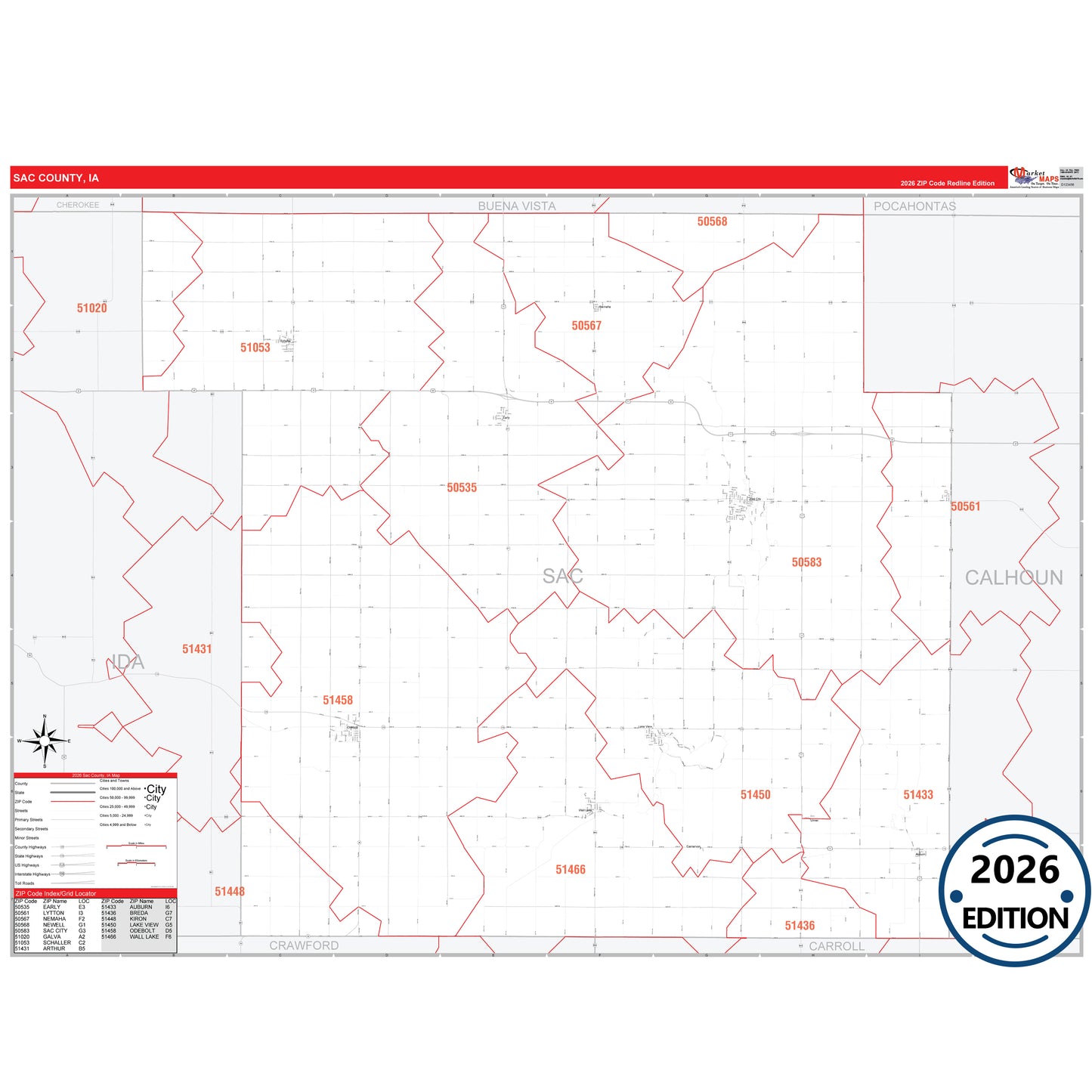 Sac County, IA Red Line 5 Digit ZIP Code Wall Map