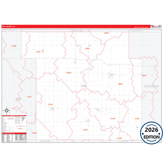 Sac County, IA Red Line 5 Digit ZIP Code Wall Map