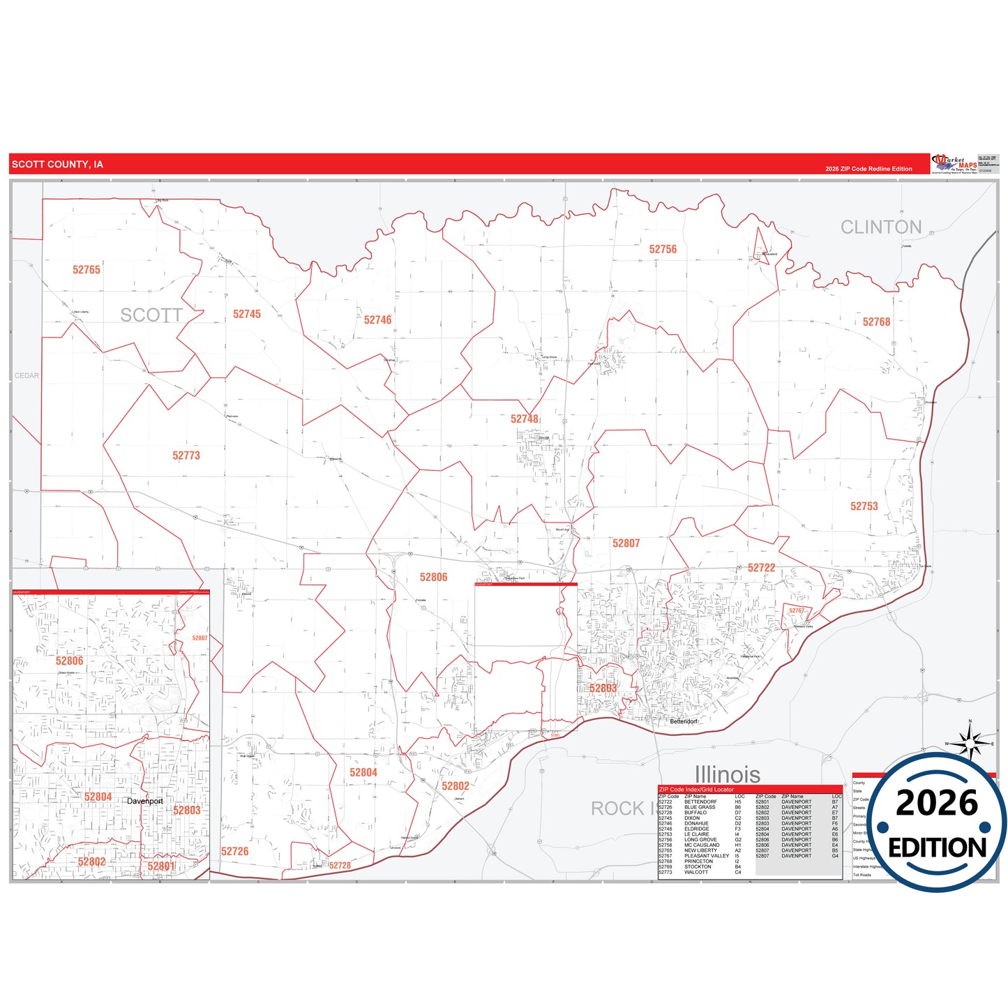 Scott County, IA Red Line 5 Digit ZIP Code Wall Map