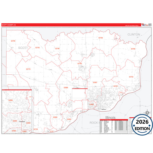 Scott County, IA Red Line 5 Digit ZIP Code Wall Map