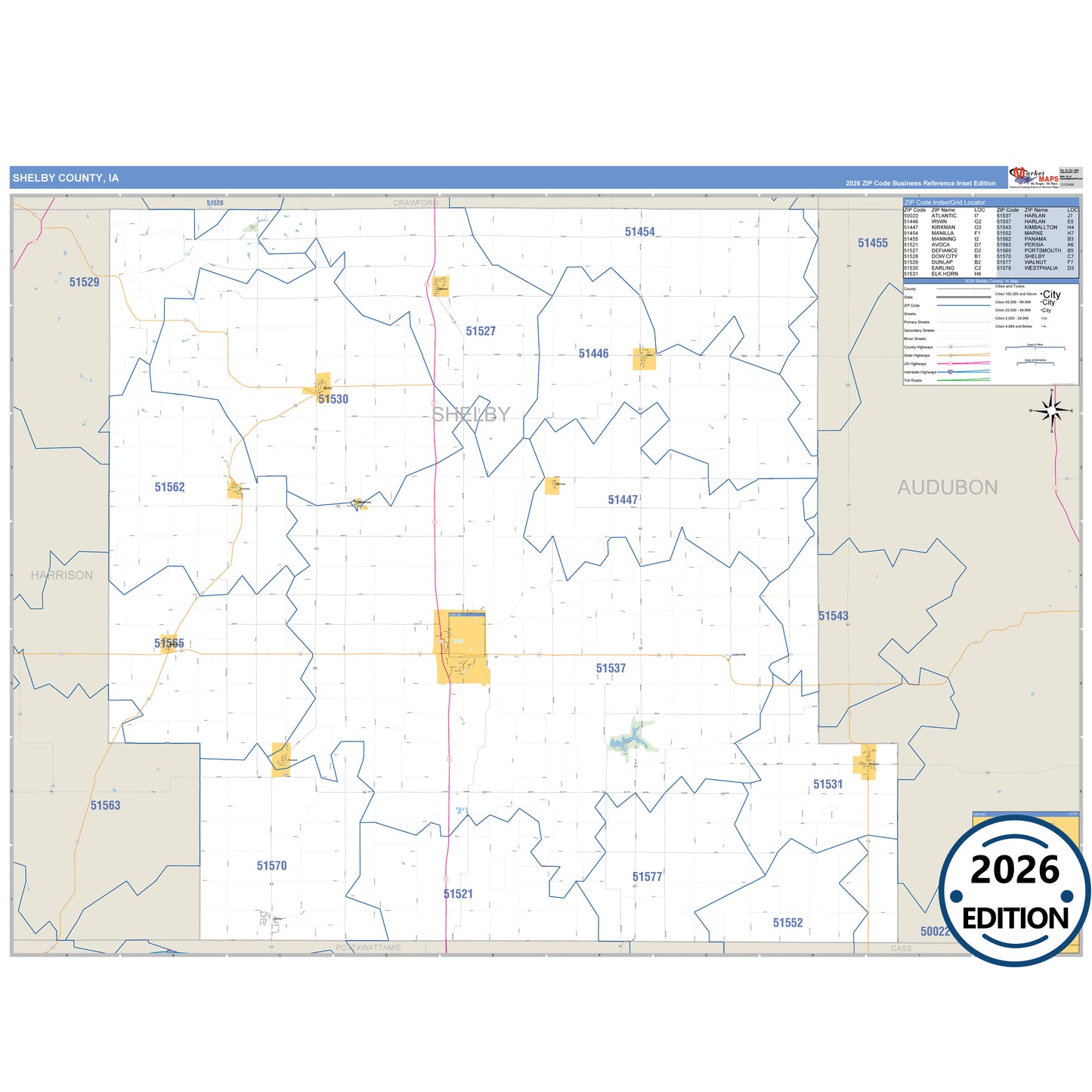 Shelby County, IA Business Reference 5 Digit ZIP Code Wall Map
