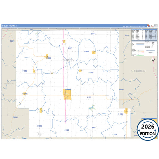 Shelby County, IA Business Reference 5 Digit ZIP Code Wall Map