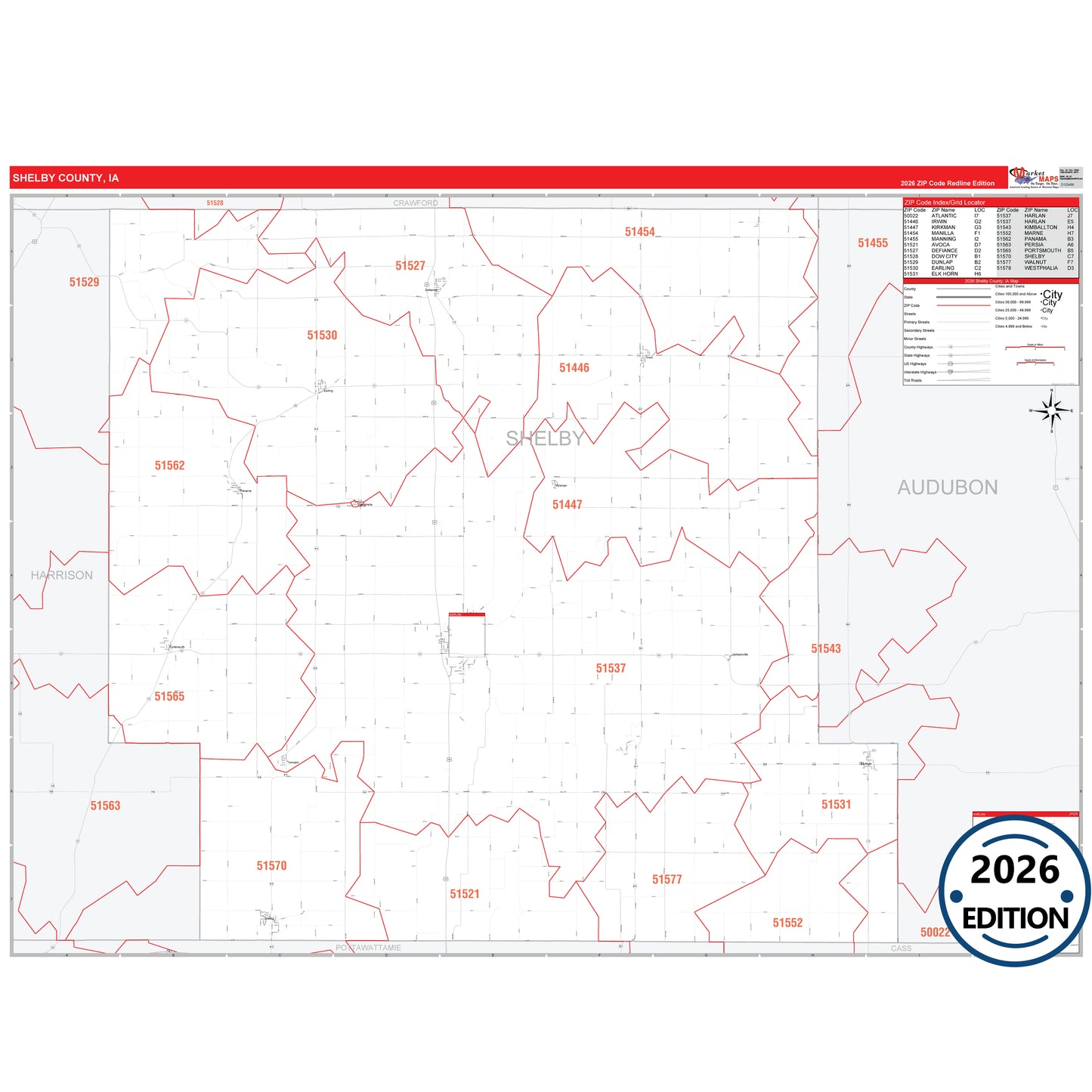 Shelby County, IA Red Line 5 Digit ZIP Code Wall Map