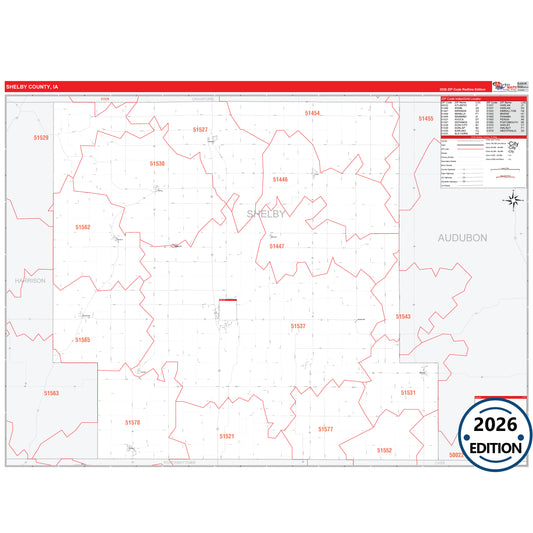 Shelby County, IA Red Line 5 Digit ZIP Code Wall Map