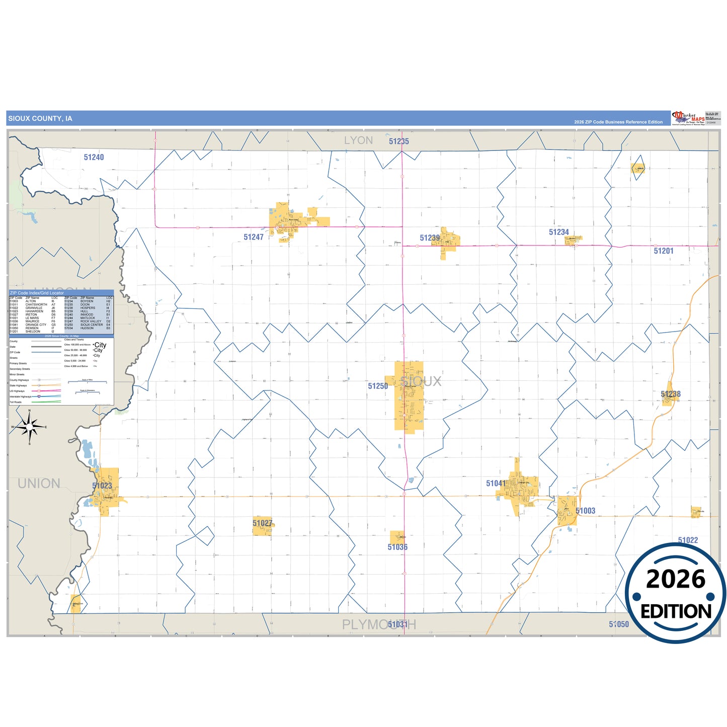 Sioux County, IA Business Reference 5 Digit ZIP Code Wall Map