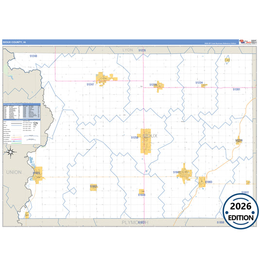 Sioux County, IA Business Reference 5 Digit ZIP Code Wall Map