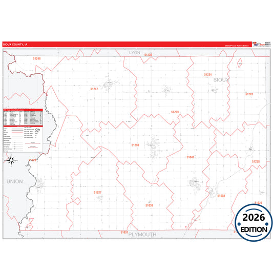 Sioux County, IA Red Line 5 Digit ZIP Code Wall Map