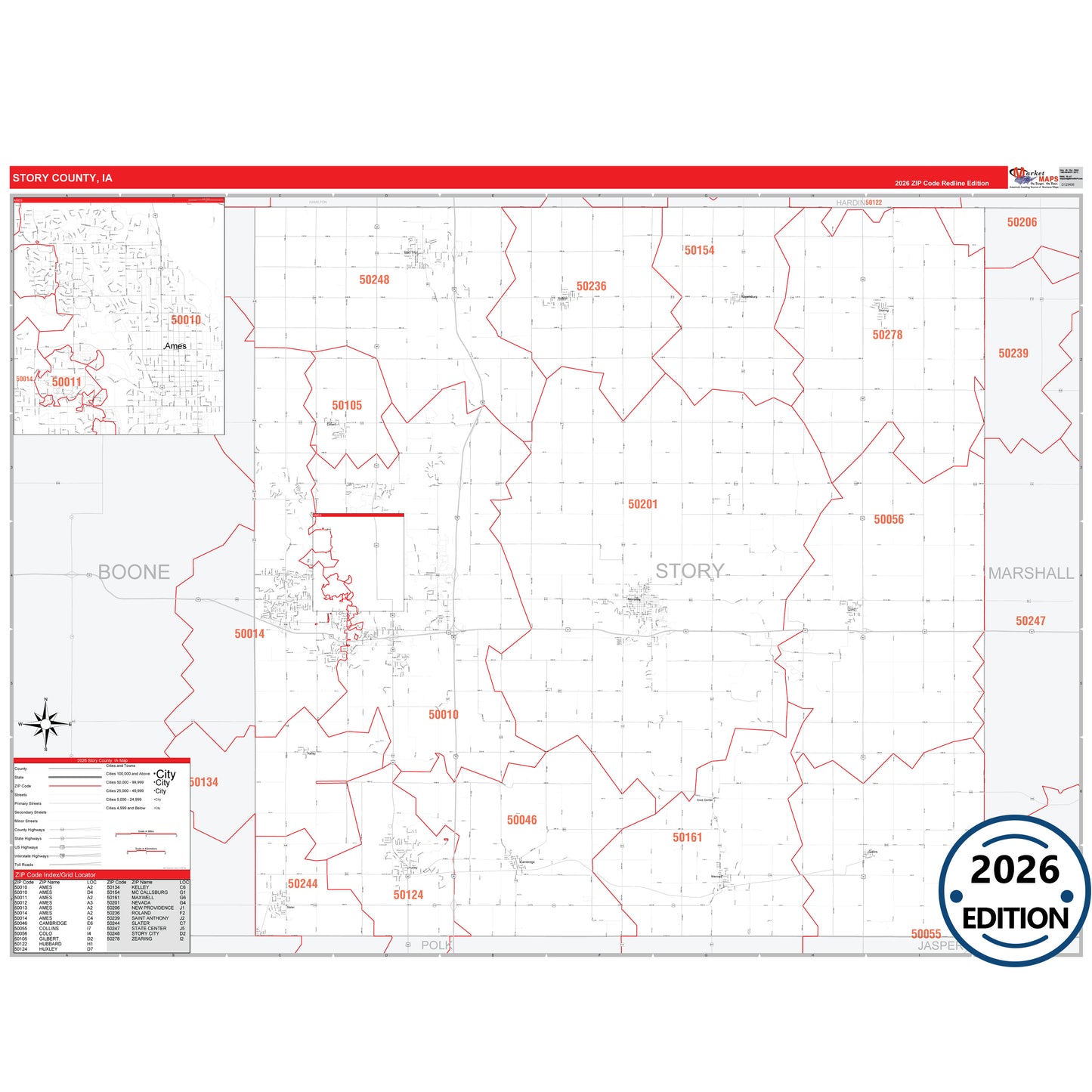 Story County, IA Red Line 5 Digit ZIP Code Wall Map