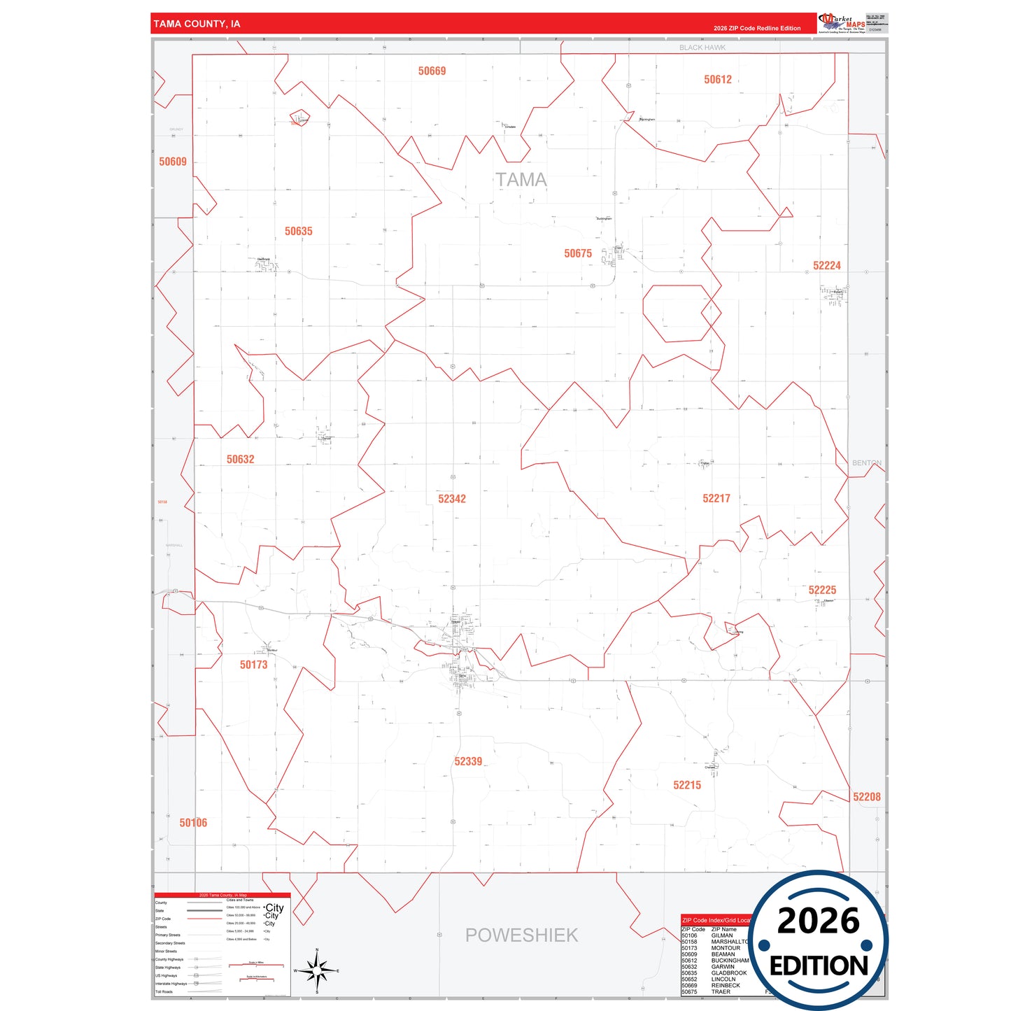 Tama County, IA Red Line 5 Digit ZIP Code Wall Map