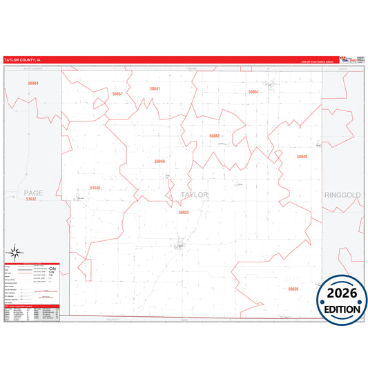 Taylor County, IA Red Line 5 Digit ZIP Code Wall Map