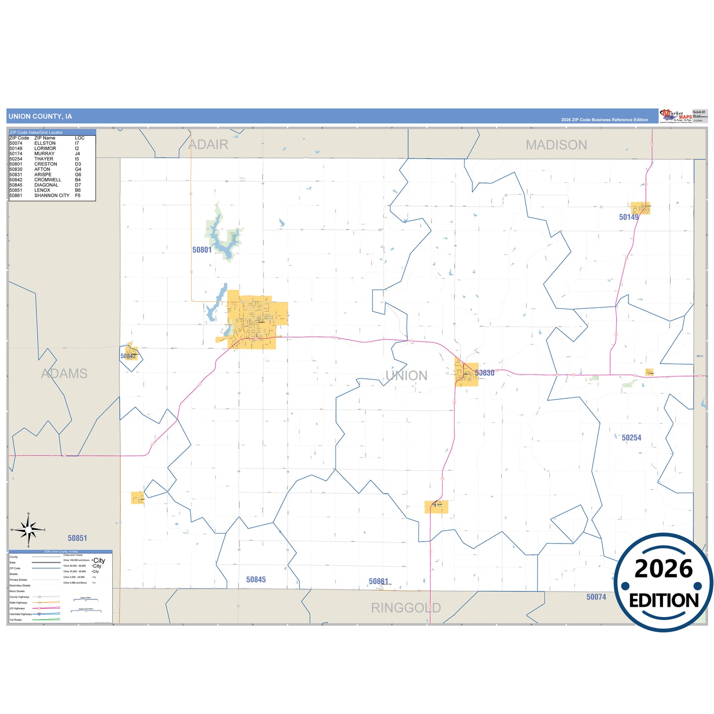 Union County, IA Business Reference 5 Digit ZIP Code Wall Map