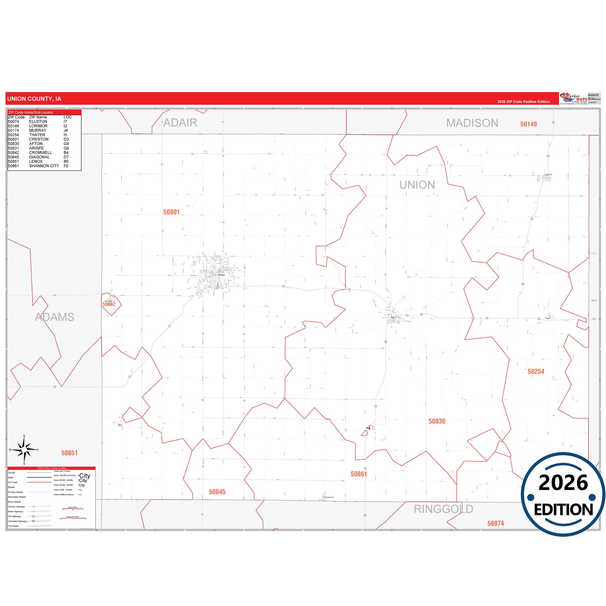 Union County, IA Red Line map with detailed roads, cities, and ZIP code boundaries.