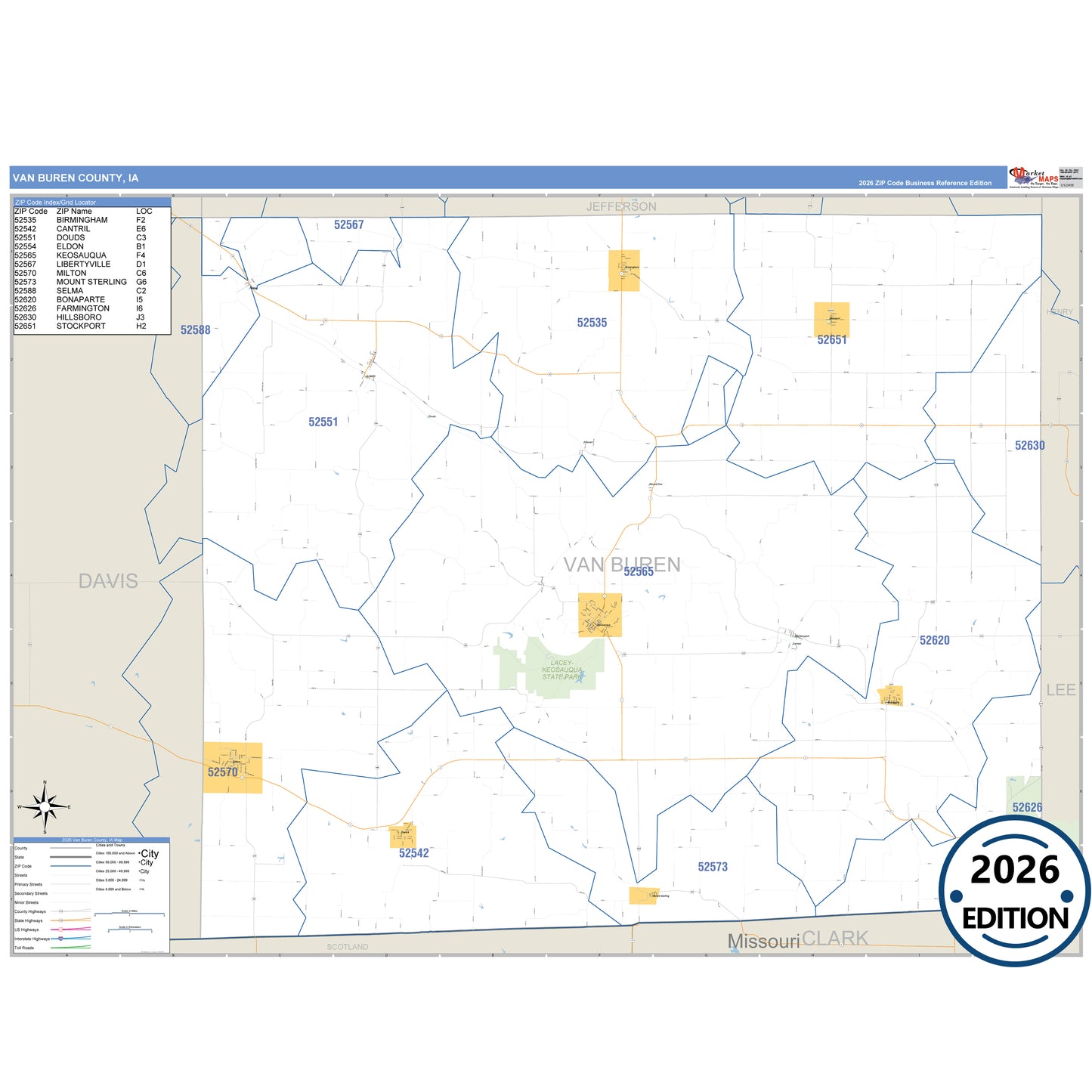 Van Buren County, IA Business Reference 5 Digit ZIP Code Wall Map