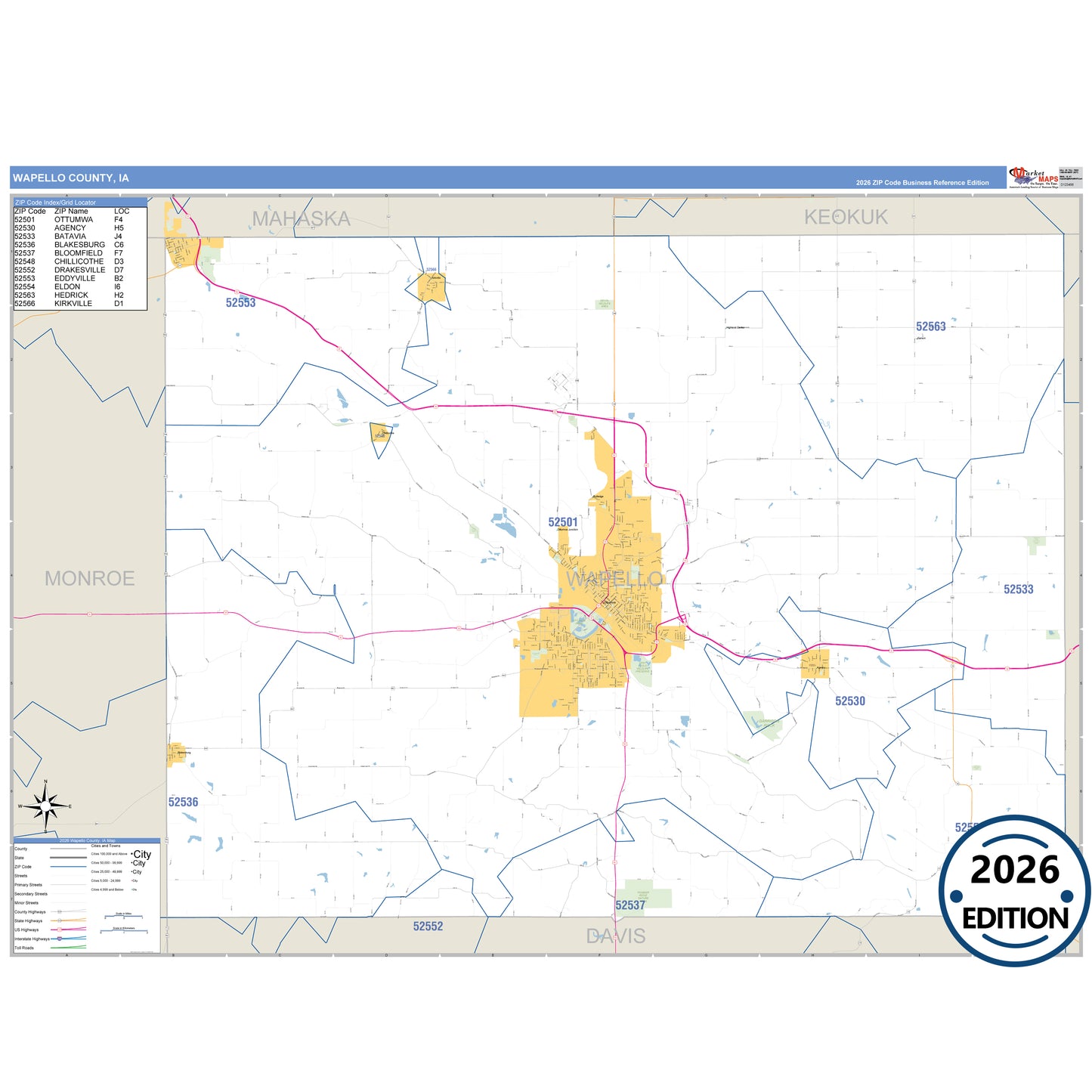 Wapello County, IA Business Reference 5 Digit ZIP Code Wall Map