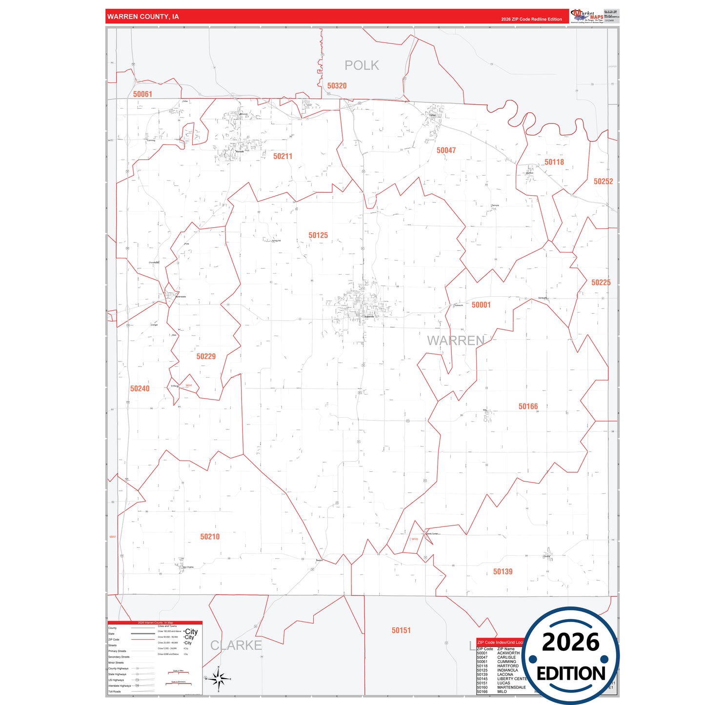Warren County, IA Red Line 5 Digit ZIP Code Wall Map