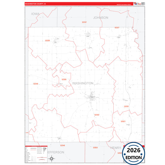 Washington County, IA Red Line 5 Digit ZIP Code Wall Map