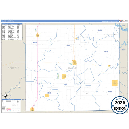 Wayne County, IA Business Reference 5 Digit ZIP Code Wall Map